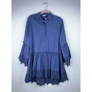 P.A.R.O.S.H. Star Eyelet Mini Dress Blue Tent Pleated Long Sleeve Collared XS